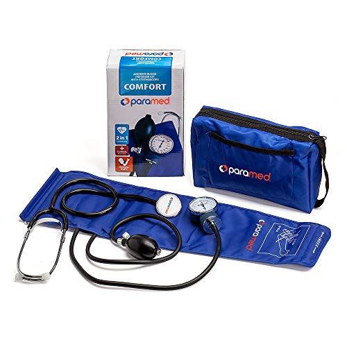 Paramed Aneroid Sphygmomanometer With Stethoscope – Manual Blood Pressure Cuff With Universal Cuff 8.7 - 16.5" And D-Ring – Carrying Case In The Kit – Blue #TOP4
