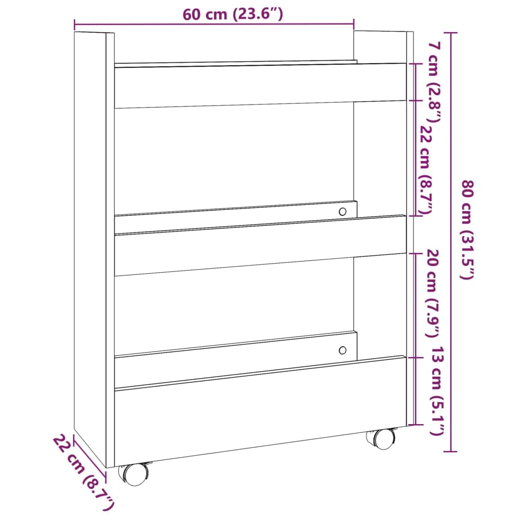 Carro de almacenamiento estrecho con 3 niveles de madera blanca de 60 x 22 x 80 cm, carrito móvil con 4 ruedas, 60 kg, carrito de cocina versátil y carrito auxiliar para almacenamiento