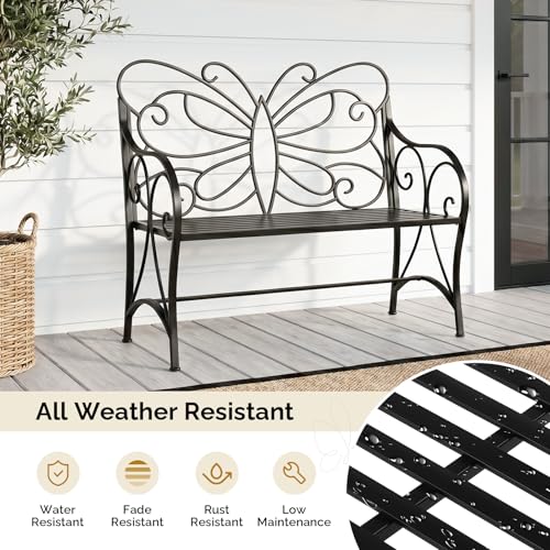 Image of VINGLI 38.7in Cast Iron Outdoor Bench with Cushion, All Weather Resistant Metal Bench with Curved Armrests and Butterfly Pattern Backrest, 1-2 Person Patio Bench for Garden Porch Park Yard (Black
