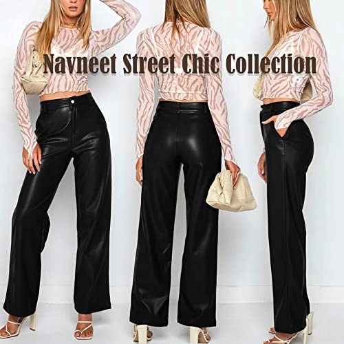 Navneet Women Faux Leather Pants PU High Waist Straight Leg Pant with Pockets Leather Leggings Bell Bottom Flare Pants4
