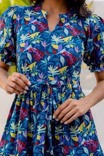 Image of LABEL ADRIJA Pure Cotton Calf Length Midi Dress for Women Floral Print | Flared Anarkali Dress Puff Sleeves