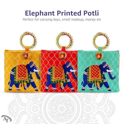 Image of Women Potli Bags | Gifting Potli with Zip & Bangle Handle | Traditional Shagun Return Gifts Potli for Mehandi, Haldi, Baby Shower, Wedding, Sangeet (Elephant Print, Pack of 12)