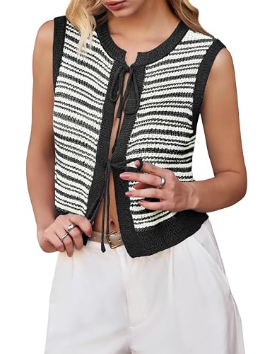 Image of Yousify Womens Tie Front Tops Chunky Sleeveless Sweaters Striped Summer Sweater Tanks ColorBlack Crop Cardigan Black L