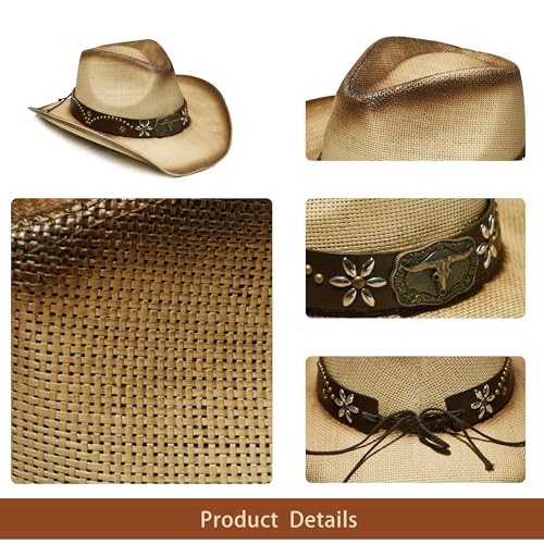 Image of YOUBADU Western Straw Cowboy and Cowgirl Hats with Decorative Bands - Unisex Wide Brim Raffia Style Sun Hat