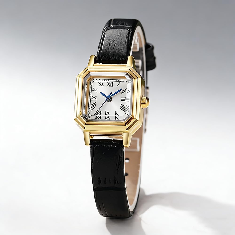 Womens Small Gold Watches Vintage Rectangular Analog Quartz Watch Leather Band Wrist Watch