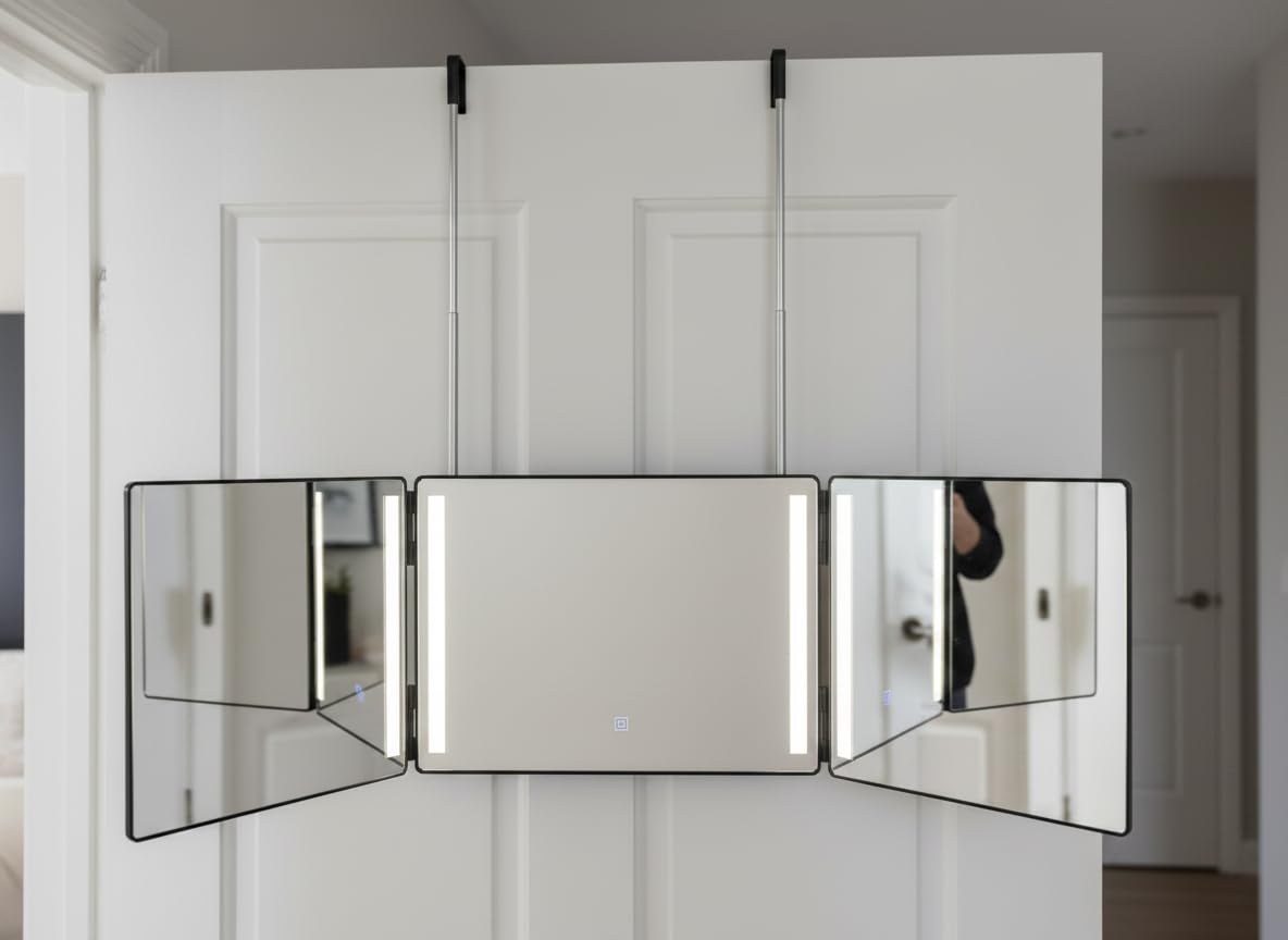 Self Cut LED Beleuchtet Haarspiegel 360° Drehbare Triptychon Design Hängend für Tür Selbst Schneiden Make-up Rasieren Kompakt Faltbar 100470
