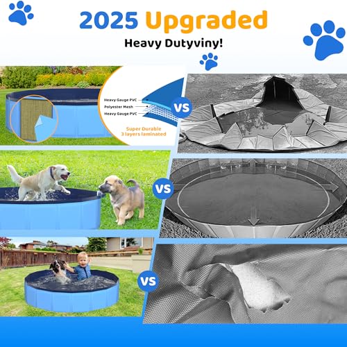 Image of CACSPS 79 inch x 12 inch Foldable Dog Pool - Collapsible Hard Plastic Kiddie Pool for Dogs & Kids, Non-Slip Pet Bath Tub for Outdoor Backyard Use, Lightweight & Portable (Blue)