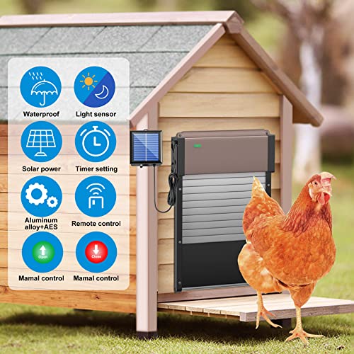 Automatic Chicken Coop Door, Solar Powered Chicken Door With Timer & Light Sensor, Full Aluminum And Weatherproof Multi-Modes Poultry Coop Door With Anti-Pinch Design(Brown) #TOP1