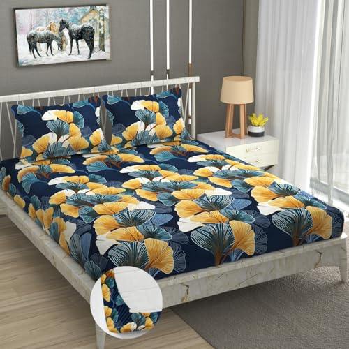 Image of Vram Premium Heavy Cotton Elastic Fitted Bedsheets with 2 King Size Pillow Covers || Double Bed with All Around Elastic 350 TC || 72 x 78 x 10 Inch King Size Fitted || :- Green Mushroom
