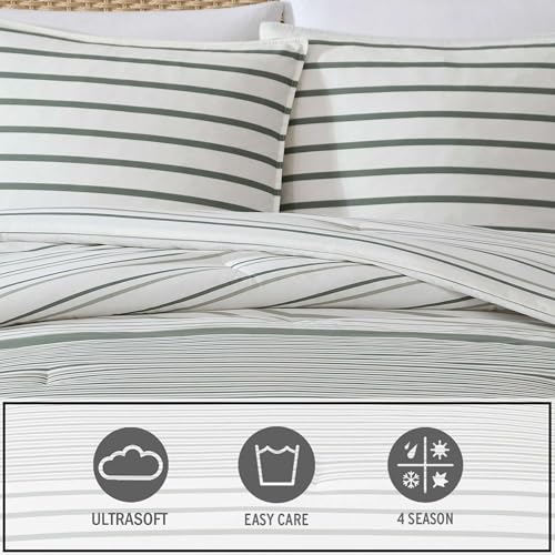 Image of Eddie Bauer - Twin Comforter Set, Cotton Bedding with Matching Sham, Two-Piece Back Closure, Dorm Essentials (Cooper Stripe Green)