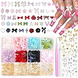 3D Mixed Nail Charms Kit, Color Flowers Bows Acrylic Nail Charms Gold Silver Star Nails Studs Charms, Assorted Flower Butterflies Bow Nails Rivets Charm for Acrylic Nail Art DIY Supplies
