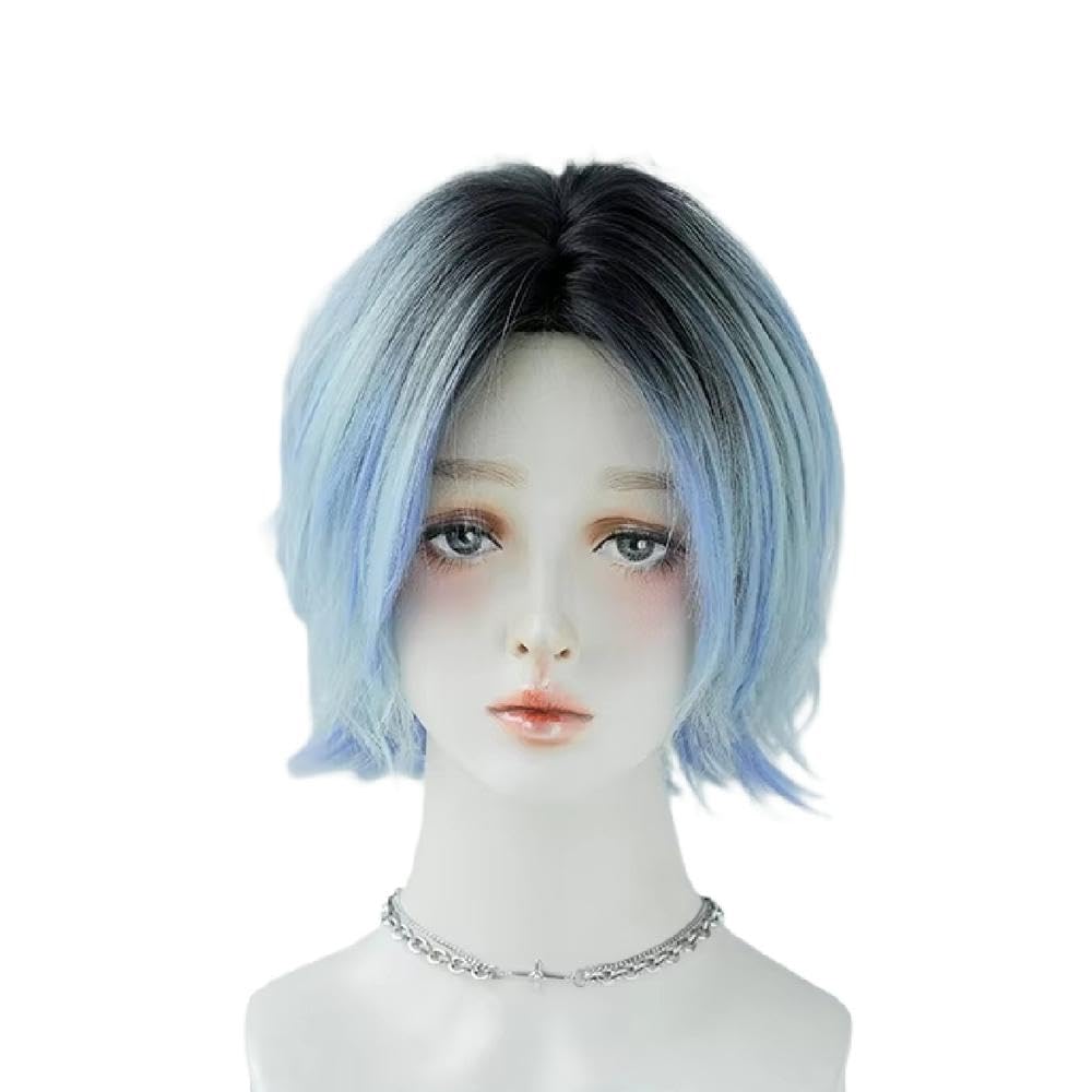Accessori Parrucche Parrucca Blu Ombre Corta Con Onda D'acqua Per Le Donne Parrucche Modeste Da Indossare E Andare Con Parte Centrale Con Radici Scure