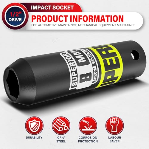 Image of 1 /2 inch Drive Impact Socket, 8 mm Deep Socket, Metric, 6 Point, CR-V, for Automotive Maintaince, Mechanical Equipment Maintaince