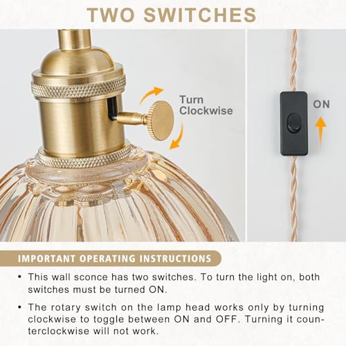 Image of Plug in Wall Sconces Set of 2, Vintage Wall Sconce Light with Tulip Amber Glass Lampshade, Bedroom Wall Sconce with Switch and Plug in wall lamp Cord, Gold Wall Light Wall Decor Set of 2