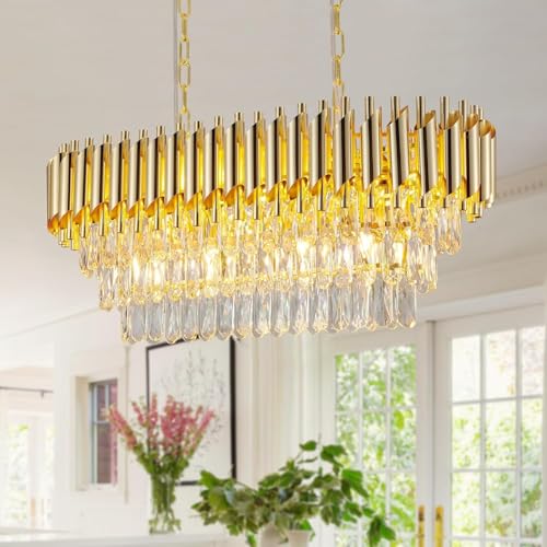 Image of Desidiya Modern Led Rectangle Crystal Chandelier 3 Tier Jhumar with Gold Finish Luxury Ceiling Light Fixture Elegant Light for Living Room, Dining Room, Foyer or Bedroom (800 * 300MM)