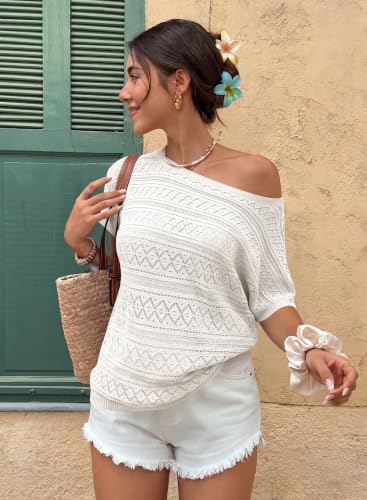 Image of Cakulo Womens Off The Shoulder Batwing Short Sleeve Crochet Tops 2026 Spring Summer Sweater Top Knit Beach Cover Up