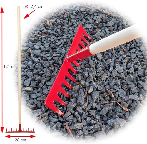 Garten Gerät Harke Rasen Boden Erde Rechen 12 Zinken Metall rot Gartenrechen 28 cm mit Holz Stiel