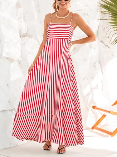 Image of CUPSHE Womens Summer Maxi Dress Casual Sleeveless Square Neck Striped Beach Long Dress with Pockets