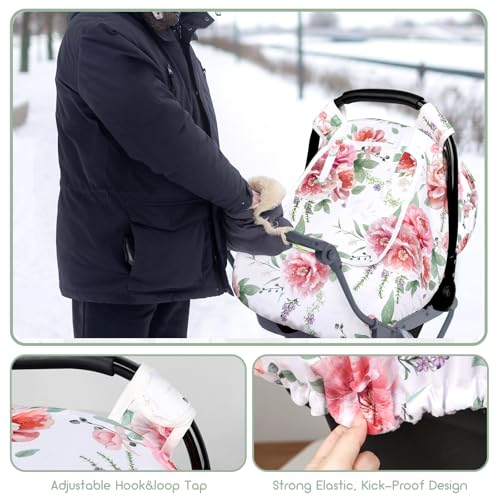 Image of Baby Carseat Cover Girls, Pea Pod Floral Infant Car Seat Covers Canopy for Newborn with 2 Layers Windows of Breathable Mesh /Fabric, Lightweight Polyester /Minky Dot Backing, Snug Fit Most Baby Car Seat