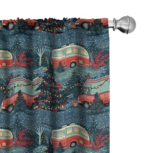 Ambesonne Christmas Curtains, Vintage Trailer in a Forest with a Xmas Tree Illustration Print, Window Treatments 2 Panel Set for Living Room Bedroom, Pair of - 28" x 95", Night Blue and Hot Pink