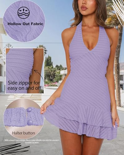 Image of Women's Summer Dresses 2026 Sexy Halter V Neck Backless Hollow Out Ruffle Bodycon Cocktail Party Vacation Mini Dress