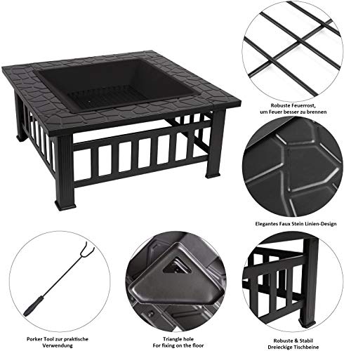 femor 32'' Fire Pit Table Outdoor, Multifunctional Patio Backyard Garden Fireplace Heater/BBQ/Ice Pit, Square Stove with Barbecue Grill Shelf and Waterproof Cover - Thumbnail 4
