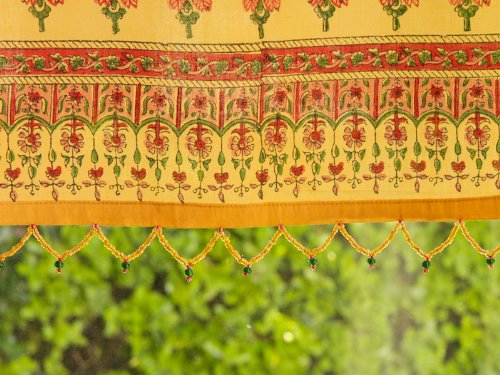 Saffron Marigold - Indian Summer - Orange Paisley Indian Sari Inspired Hand Printed - Beaded Sheer Cotton Voile Window Valance Curtain - Rod Pocket - (44 X 17 Inches) #TOP3