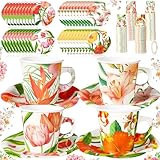 Umigy 60 Sets Tea Party Decorations 6.5oz Floral Paper Tea Cups with Handle and Plates Disposable Blossom Teacups and Saucers Sets with Tape for Hot Cold Drink Birthday (Luxurious)