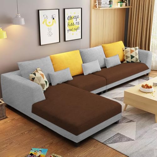 Image of Galib LHS 6 Seater L Shape Sofa Set for Living Room (Brown Grey Fabric) Premium Fabric Sofa