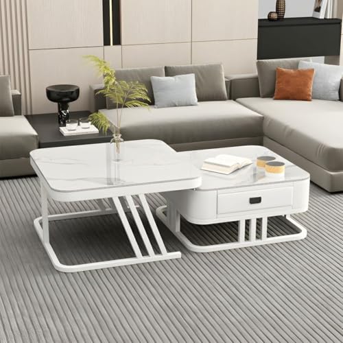 Image of Iron Frame Handmade Drawer Square 20 inchx20 inch Coffee Table Set 2 piece, Nesting Table with Marble Look Center Table Storage Drawer for Living Room /Drawing Room /Balcony (Full White)