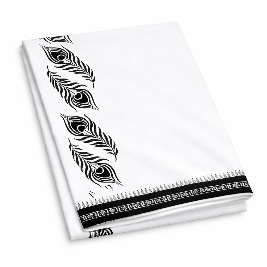 White Kerala Style Cotton Dhoti with white feather Print – Pack of 1-picture-55