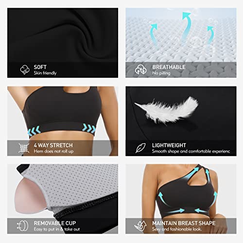 Sykooria Women One Shoulder Bra Sports Bras Sexy Workout Tops Running Yoga Bras Medium Support Black #TOP4