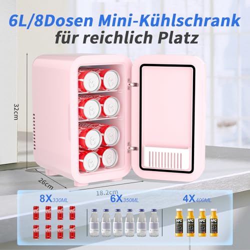 YASHE Mini-Kühlschrank, 6 Liter/8 Dosen, 220–240 V AC/DC, tragbarer thermoelektrischer Kühler, Kühlschränke für Schlafzimmer, Hautpflege, Getränke, Büro, Wohnheim und Auto, Pink