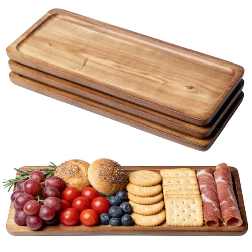 3 Pcs Plateau de Service en Bois d'acacia, 30×13×1.5 cm Plateau Bois Rectangulaire avec Lèvre Rainurée, Plateau de Service Polyvalent, Planche à Charcuterie en Bois Décoratif pour Cuisine Café Salon
