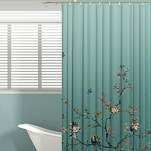 Rideau De Douche Anti-moisissure 90x180 Cm - Tissu Polyester Imperméable, Motif Oiseaux Vert, Avec 12 Crochets