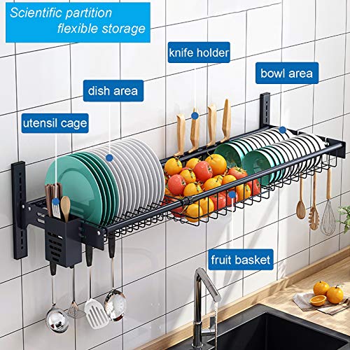Escurreplatos ajustable sobre el fregadero, estante de secado de platos de gran capacidad montado en la pared con soporte para utensilios para colgar para almacenamiento de cocina