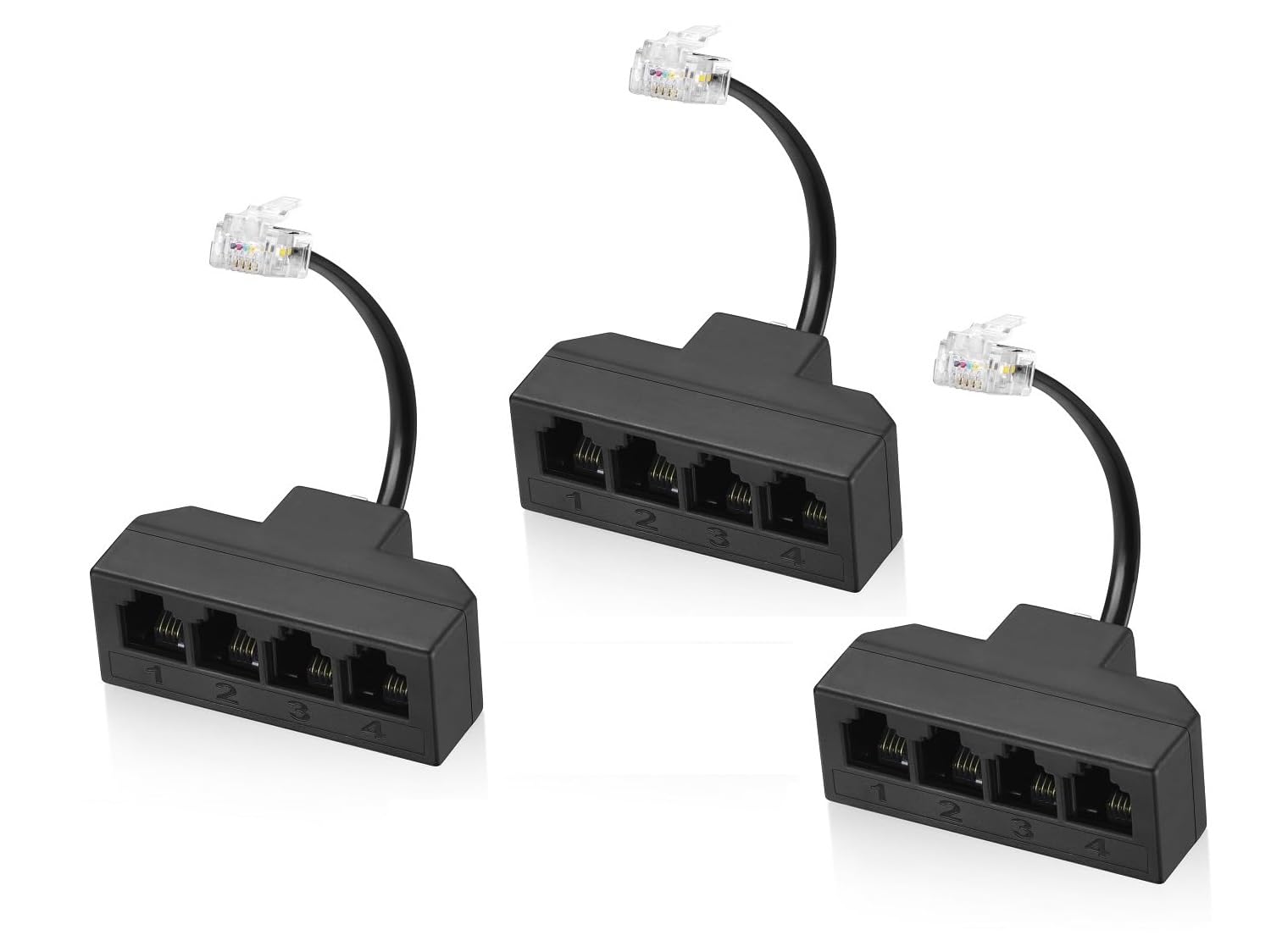 Cable RJ11 divisor de teléfono de 4 vías, paquete de 3, negro, divisor 6P4C, adaptador de cable de línea telefónica con cable para cable de teléfono fijo, adecuado para teléfono, máquina de