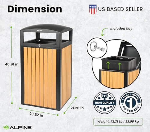 Image of Alpine 40 Gallon Commercial Outdoor Trash Can with Lid - Modern Heavy Duty Large Outdoor Garbage Can with Durable Plastic Bin, Slatted Recycled Plastic Panels for Parks, Trails & Resorts (CD)
