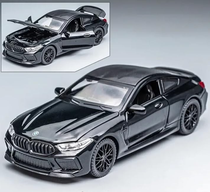 Image of WORSHIPER 1:32 B-M-W M8 Scale Alloy Diecast Sports Car Model with Sound & Light, Openable Doors & Hood, Pull Back Toy Car for Kids Boys, Collectible Mini Car Gift (1:32 B-M-W M8 - Black Color)