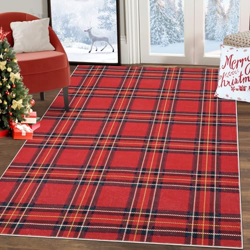 Washable Area Rug 4x6 Red Plaid Rugs Xmas Easy Cleaning Non Slip Entryway Rug Grid Living Room Rug Soft Accent Rugs for Bedroom Low Pile Stain Resistant Carpet for Nursery Office, Plaid|Red 4'x6' by GlowSol - Used condition - US$17.79