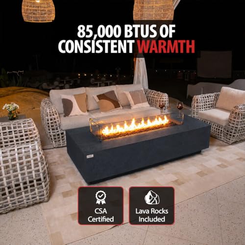 Image of AMS Creations | Savanah 72 inch Bundle Rectangular Cast Concrete Natural Gas Fire Pit Table | Dark Gray | Travertine Texture Surface | Electronic Ignition | Outdoor Patio Heater Outside Backyard Fireplace