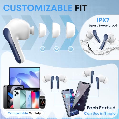 Image of Wireless Earbuds Bluetooth 5.4 Headphones, Noise Cancelling Mic Ear Buds with 50H Playback, LED Digital Display, IPX7 Waterproof Earphones for Office /Running /Workout(Blue)