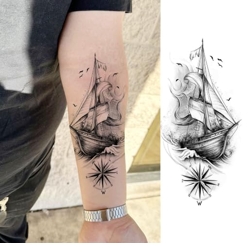 Image of Bilizar 12 Sheets Large Elephant Buddha Temporary Tattoos For Men Women Adults Half Arm Sleeve Tattoo Sticker, Realistic 3D Lion Tiger Skull Pirate Ship Fake Tattoos Forearm Long Lasting Temp Tatoos