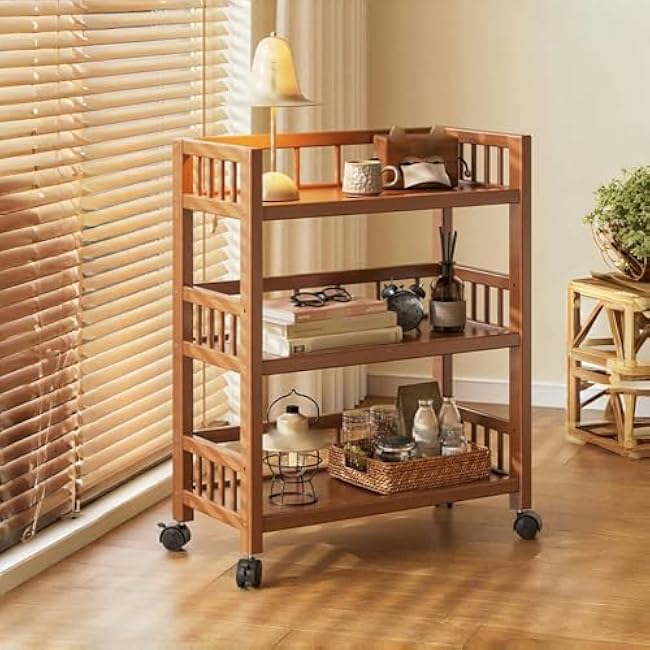 3 Tier Rolling Cart on Wheels, Wood Coffee Cart, Storage Islands for Kitchen Room, Living & Bedroom(11.8 * 13.8 * 32.3in,A)-WWuobLPJ