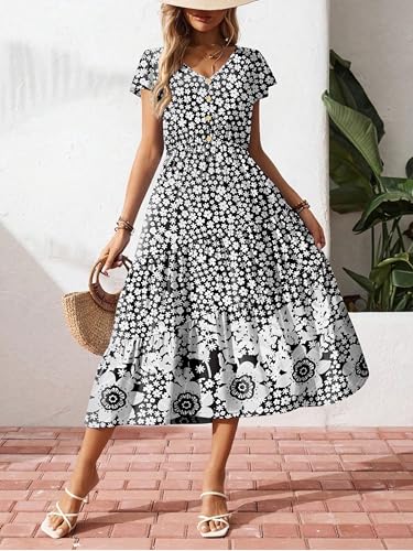 Image of Zeagoo Women's Summer Casual Dress Flutter Short Sleeve V Neck Button Down Tiered Flowy Long Dress with Pockets