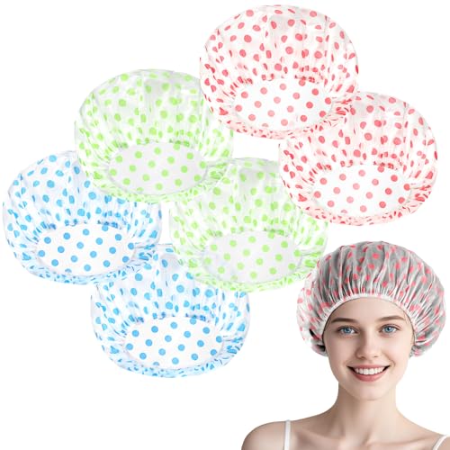 6 Psc Shower Cap, Elastic Reusable Waterproof Reusable Shower Caps Bath Hair Hat for Women Men Kids (Red+Red+Green+Green+Blue+Blue)