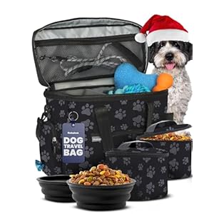 The Original Doggy Bag – Bolsa completa de viaje para perros con 2 cuencos de viaje sin BPA y 2 recipientes de comida – Kit de viaje para viajes por carretera, campamento, fin de semana – Estampado de