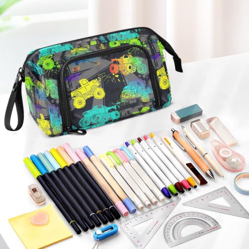 Image of Monster Trucks Print Pencil Case Pouch Big Capacity Pencil Bag Box Organizer Pen Case with Compartmens Stationery Organizer for Girls Boys Women School College Office