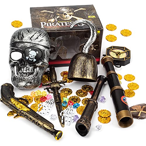Pirate Treasure Play Set for Kids,Pirate Role-Play Toys ,Pirate Costume kids Accessories with Pirate Mask,Gold Coins,Pirate Hook,Compass,Telescope,Skeleton Hand,Plastic Sword,Eye Patch,Badge for Party Decor.