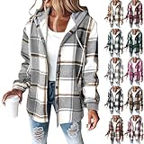 SMIDOW Flannel Jacket For Women Trendy - Fleece Lined Button Down Plaid Shacket Long Sleeve Hooded Jackets Fall Winter Coat Gray Women'S Flannel Shirts XL